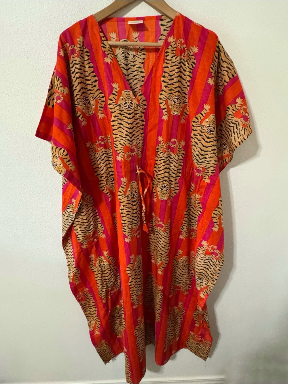 INDACORIFY Tibetan Tiger Kaftan Block Print Cotton Orange Pink Stripe-OS
